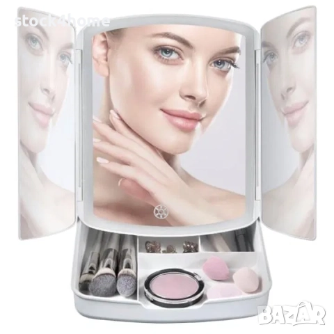 Сгъваемо козметично огледало 3в1 LED С органайзер за грим, снимка 2 - Други - 52611431