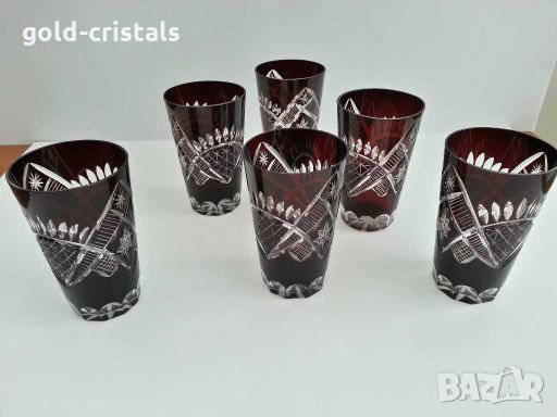 сервиз кристални чаши и гарафа цветен червен кристал , снимка 2 - Антикварни и старинни предмети - 28429012