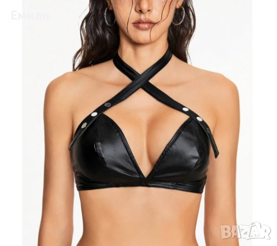 Ново дамско секси гръндж кожено бюстие с кръстосани презрамки р-р M, L