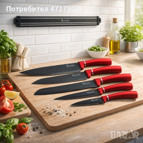 Комплект ножове Goldmann GM 5259, 5бр. с магнитна релса, Незалепващо покритие, Кутия, снимка 3 - Прибори за хранене, готвене и сервиране - 53593789