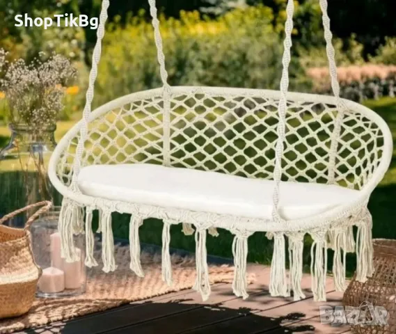 Двойна бежова градинска люлка за двама с възглавници, снимка 3 - Други стоки за дома - 49277217