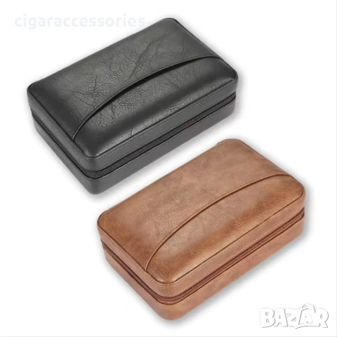 Преносим кожен хумидор за 4 пури от естествена кожа – черен / кафяв, снимка 4 - Табакери - 53215199
