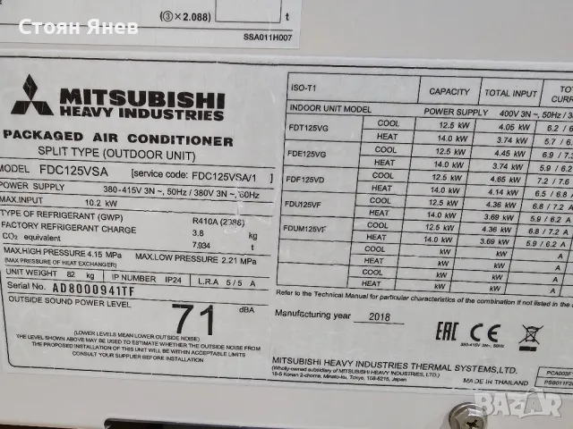 Външно тяло на климатик Mitsubishi Heavy FDC125VSA - 14 KW - 2018 година, снимка 3 - Други машини и части - 48469689