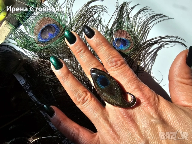 Ръчно изработени, регулируеми гривна и пръстен с паунови пера,, снимка 2 - Гривни - 52387499