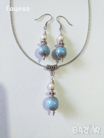 Красив комплект бижута с истински бели Тихоокеански перли и перлени сини мъниста , снимка 3 - Бижутерийни комплекти - 38233754