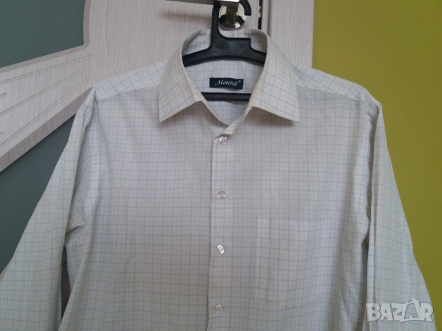 Риза дълъг ръкав Monteli бяла на квадратчета памук, снимка 2 - Ризи - 33537506