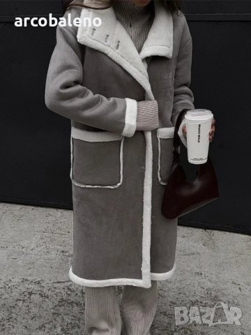 Дамско палто с джоб в сиво и бяло, едно цяло кожено палто с ревер - 024, снимка 3 - Палта, манта - 43528195