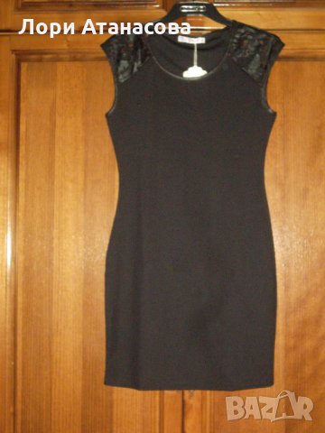  Елегантна дамска права черна рокля с лек ръкав с дантела и кожа