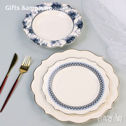 Порцеланов сервиз за хранене със златен кант и син орнамент- 18 части, снимка 3 - Сервизи - 43805602