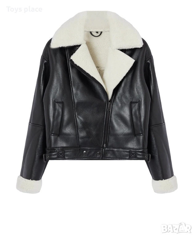 Ново модерно кожено яке с пухкава яка и ръкави, снимка 1