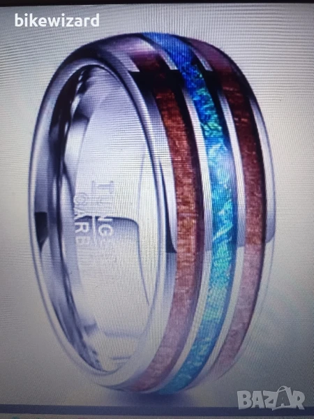 Мъжки пръстен Vakki с волфрам, инкрустиран с хавайско дърво коа, син опал размер 56 (17.8) НОВ, снимка 1