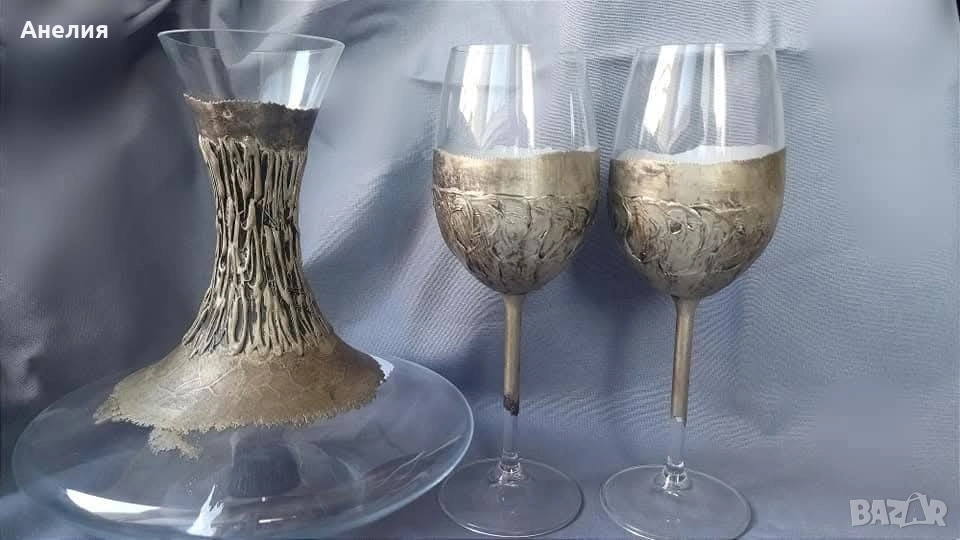 Комплект гарафа и 2 чаши за вино ръчна изработка , снимка 1