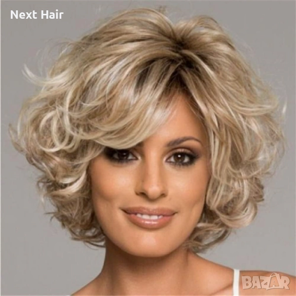 Къса дамска омбре златисто руса перука с фини светли кичур и тъмни корени, снимка 1