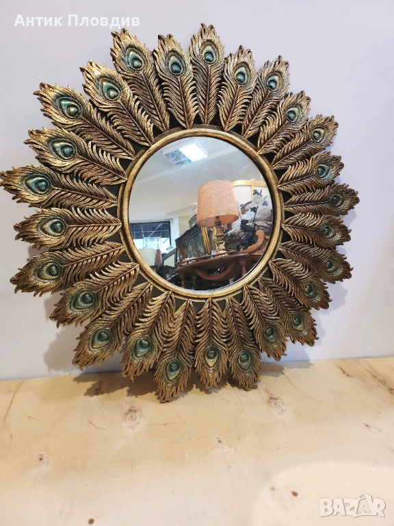 Кръгло декоративно огледало с паунови пера, снимка 1