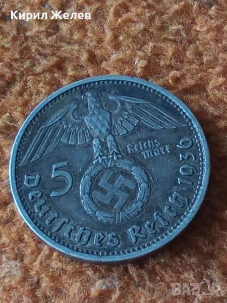 Сребърна монета 5 райхс марки 1936 година нацистка Германия трети райх 51462, снимка 1