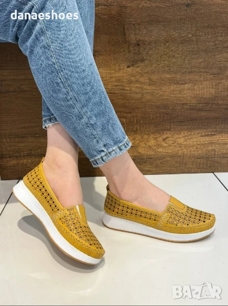 Дамски обувки от естествена кожа с перфорация в жълто , снимка 1