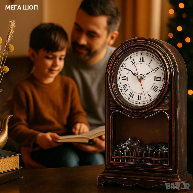 Винтидж настолен часовник с LED камина – уют и стил в едно, снимка 1