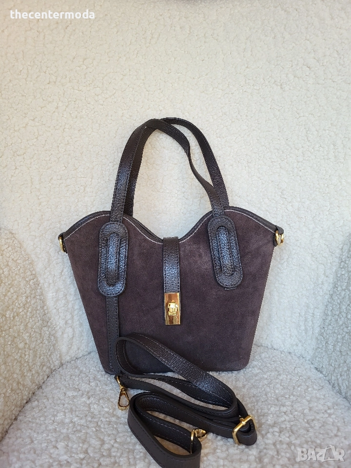 Чанта ,естествен велур в тъмно кафяво , снимка 1