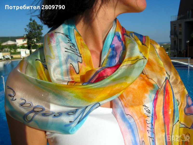 Оригинален копринен шал с градски мотиви на червена лодка в пристанището на Несебър / Original Scarf, снимка 1