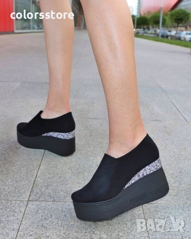 Обувки на платформа - черен велур и брокат - VBR90 