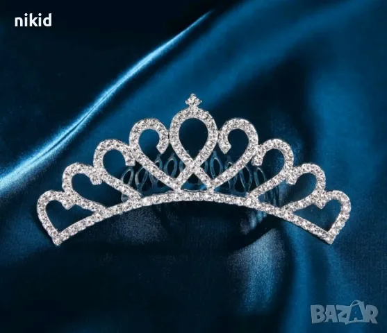 Коронка тиара Сърца метална сребриста корона забождане в коса прическа сватба детска дамска, снимка 4 - Аксесоари за коса - 31268938