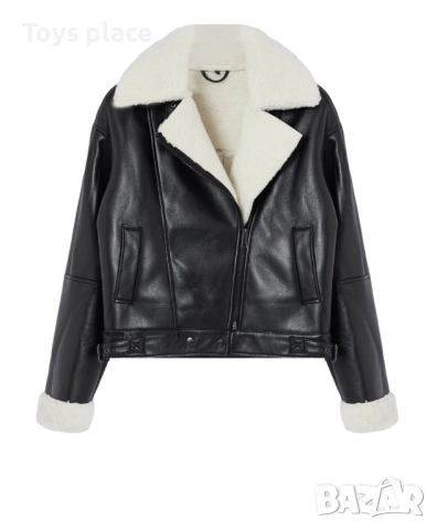 Ново модерно кожено яке с пухкава яка и ръкави