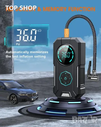 Преносим въздушен компресор за помпане на гуми функция памет безжична въздушна помпа BUVAYE 7800mah, снимка 4 - Аксесоари и консумативи - 49049731