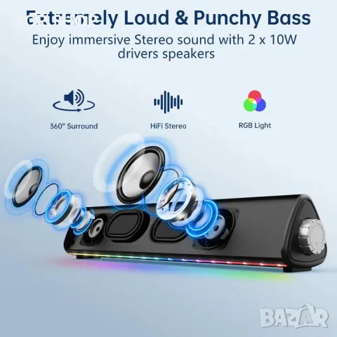 SOMEYOU Bluetooth високоговорител за компютър, 20 W стерео звук, 3,5 mm Aux-in, снимка 6 - Bluetooth тонколони - 49971294