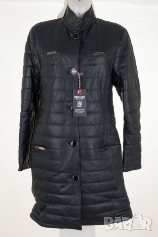 Тъмносиньо кожено ватирано дълго дамско яке марка Giorgio di Mare - XL, снимка 2 - Якета - 33473089