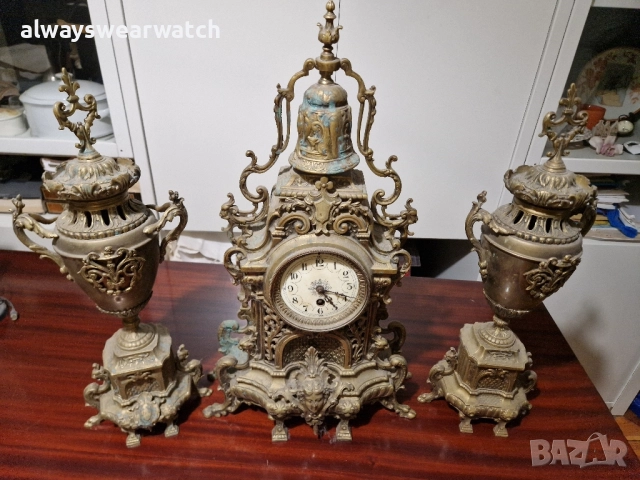 Антикварен каминен часовник с 2 вази - канделабри / Каминен гарнитур, снимка 7 - Антикварни и старинни предмети - 51557439