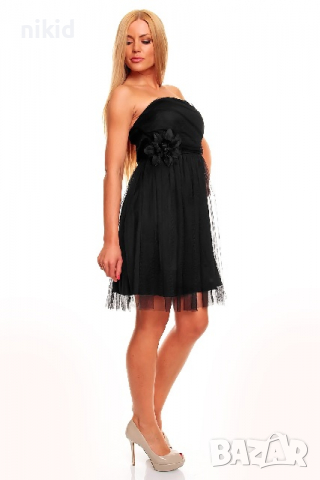 Официална дамска къса черна рокля с тюл и  цвете, снимка 1 - Рокли - 36376890