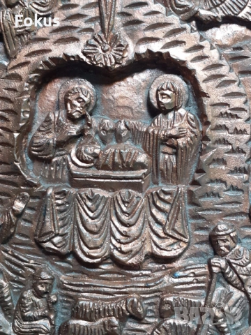 Стара икона Рождество Христово - мед - кожа, снимка 3 - Антикварни и старинни предмети - 53327246