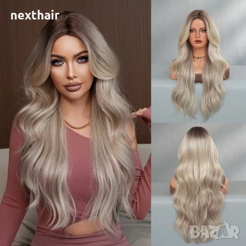 Пепеляво руса перука Ombre - тъмни корени, преливни руси нюанси, 78 см, снимка 2 - Аксесоари за коса - 53559033