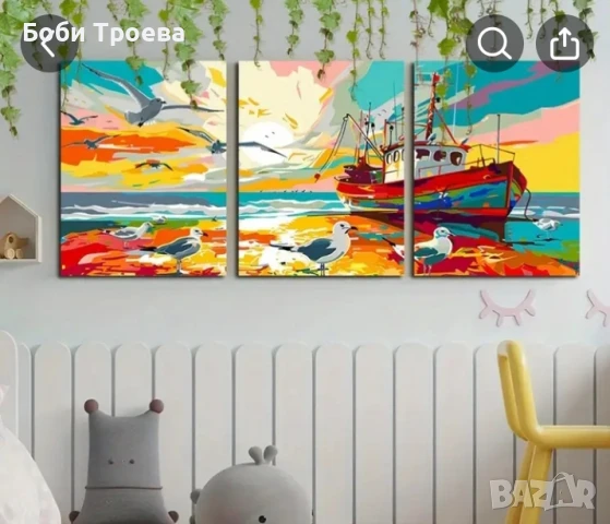 Морска сцена  риболовен катер и чайки на фона на спокойно море, снимка 2 - Картини - 51016709