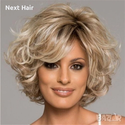 Къса дамска омбре златисто руса перука с фини светли кичур и тъмни корени