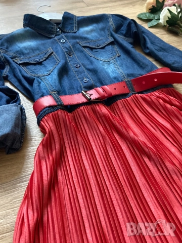 Разпродажба спешно! Нова дълга рокля дънкова + солей плисе с колан към нея , снимка 4 - Рокли - 52840892