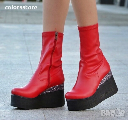 Боти на платформа - червена кожа с бронз брокат и черно ходило - 121K 