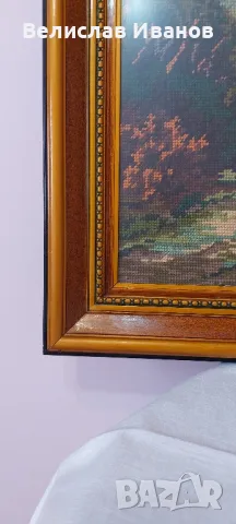 Гоблен с красив планински пейзаж и красива дървена рамка. Много запазено състояние., снимка 2 - Гоблени - 50054788