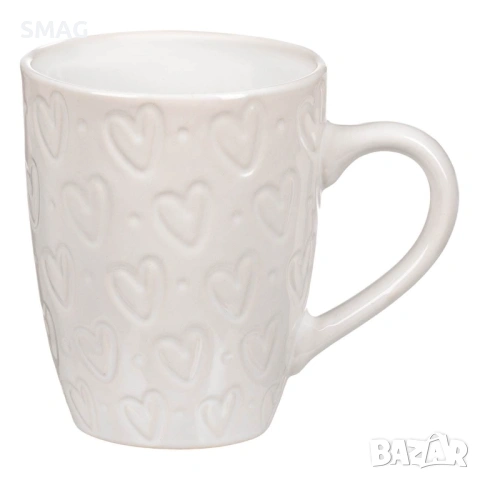 Керамична овална чаша бяла с релефен дизайн сърца – 350 мл_1204677