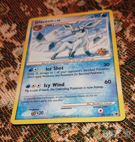 Pokemon Glaceon 20/100 Холо печат Снежинка, снимка 6 - Колекции - 43911913