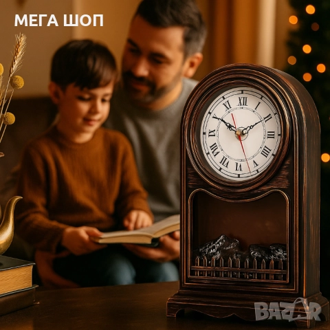Винтидж настолен часовник с LED камина – уют и стил в едно