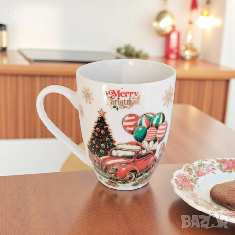 6241 Коледна чаша с ретро автомобил и елха Перфектен подарък за Коледа, снимка 5 - Чаши - 52152174
