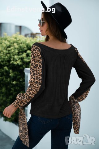 Дамска блуза в черно с ефектни ръкави с леопардов принт, снимка 3 - Блузи с дълъг ръкав и пуловери - 40397136