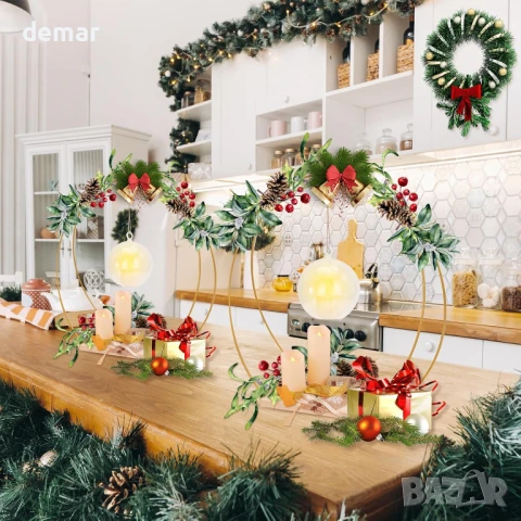 Комплект от 8 флорални обръча с диаметър 30 ​​см за маса с дървена основа и свещ, снимка 6 - Декорация за дома - 50591162