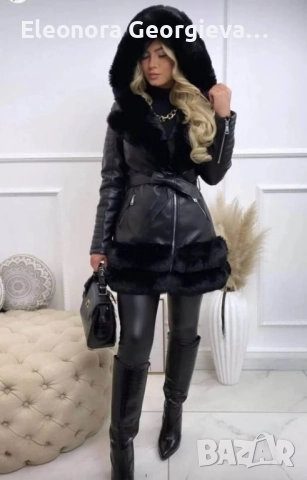 Дамско черно кожено яке с пух  С М Л  , снимка 1