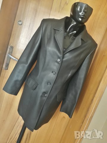 Черно кожено сако-манто-яке от корава изкуствена кожа Л, снимка 1 - Палта, манта - 34605072