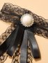 Стилен аксесоар/жалейка за ревер с перлена декорация с дантела и сатенена панделка в черно, снимка 3