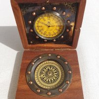 Дървена ретро кутия с часовник и компас, снимка 1 - Подаръци за мъже - 43258578