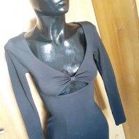 Черна рокля с дълъг ръкав по тялото с бюст панделка С , снимка 2 - Рокли - 26373287