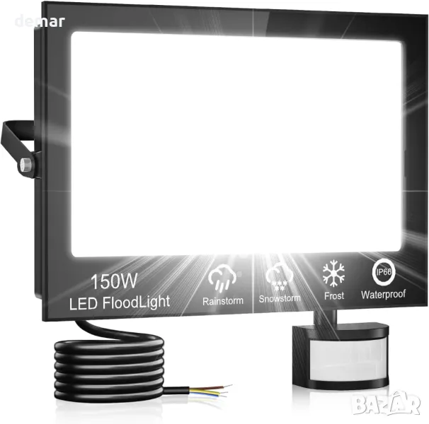150W външна охранителна лампа със сензор за движение, 6500K LED с PIR сензор, IP66, с дистанционно, снимка 1